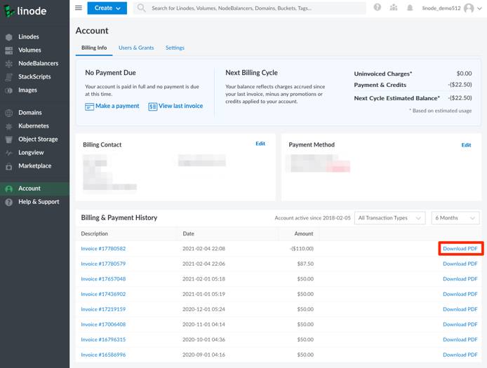 Cloud Manager Download Invoice from Recent Invoices List