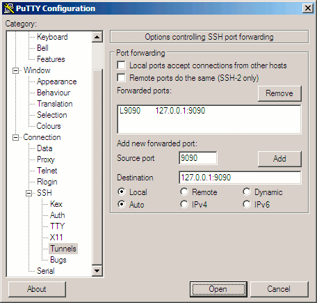 Configuring an SSH tunnel for Cherokee administration in PuTTY.