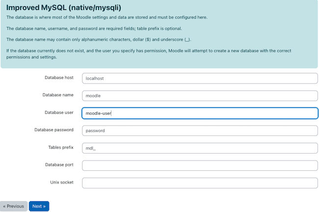 Enter the Moodle Database Settings