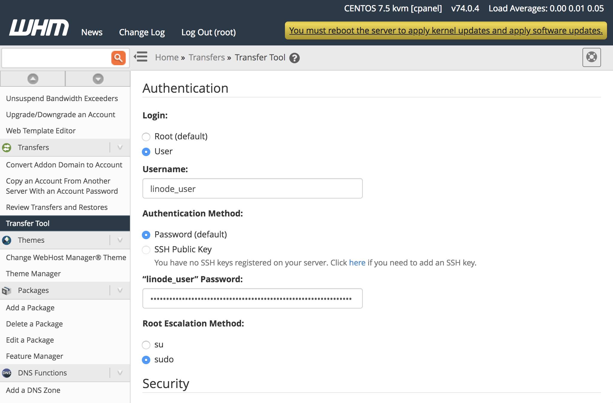 WHM Transfer Tool Authentication Form